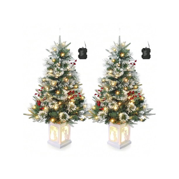3 ft fiber optic light-style artificial christmas tree set of 2, 78 LED lights, 8-mode battery box, red berry decorations, easy installation para holidays