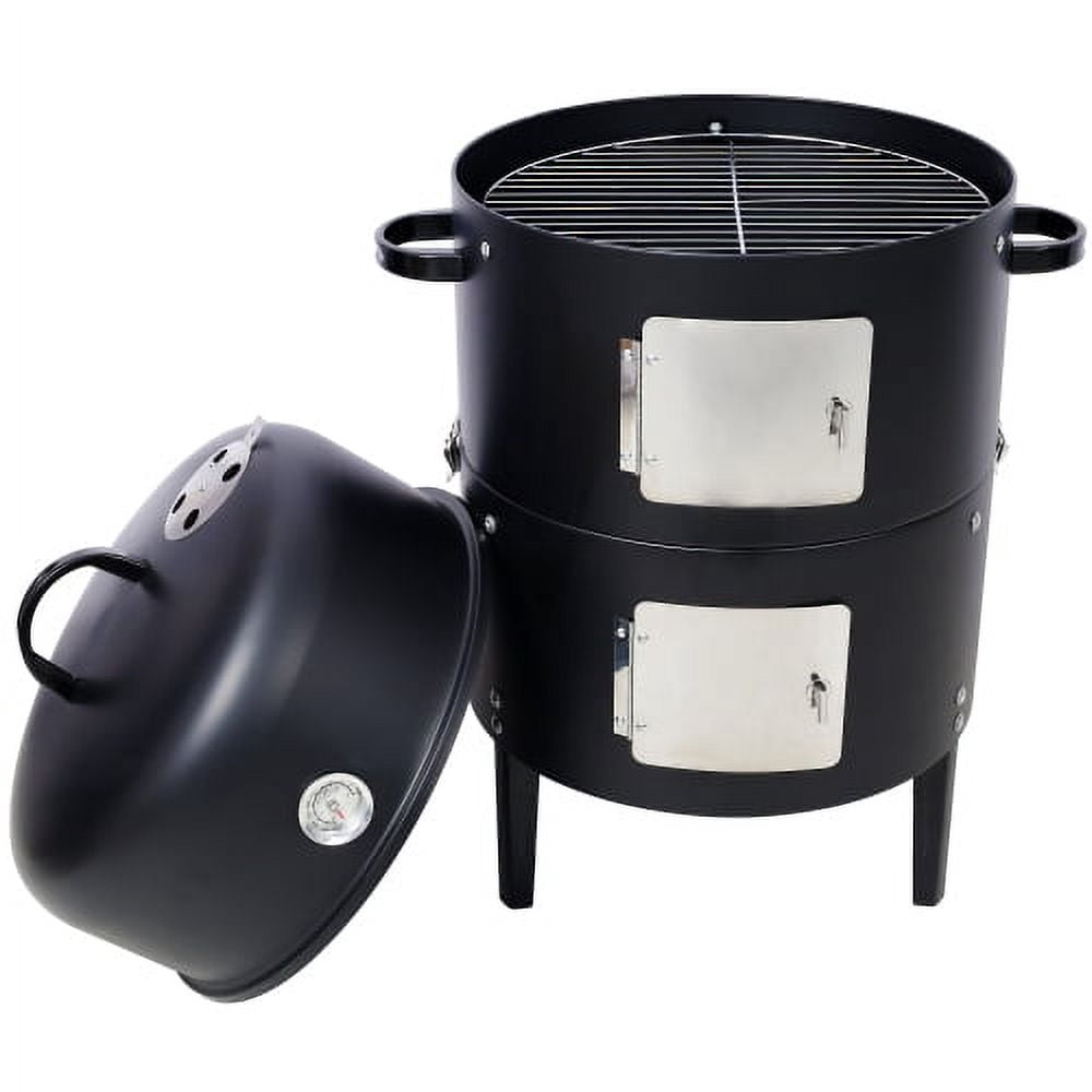Aezusy 17 Inch Steel Charcoal Smoker, Heavy Duty Round BBQ Grill for Outdoor Cooking, Black
