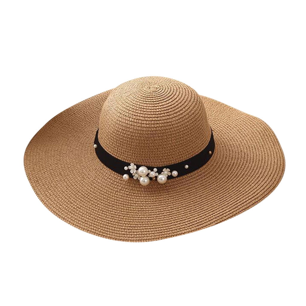 Trendy Women Beach Straw Hat Jazz Sunshade Panama Pearl Fedora Hat Gangster Cap Caps With Straight Visor