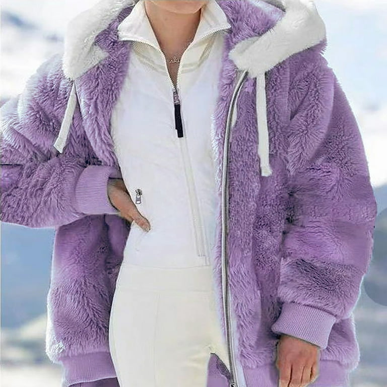 Stamzod Womens 2022 Winter Fuzzy Fleece Jacket Plus Size Winter Warm Loose  Plush Zip Hooded Jacket Coat with Pockets Purple XL 