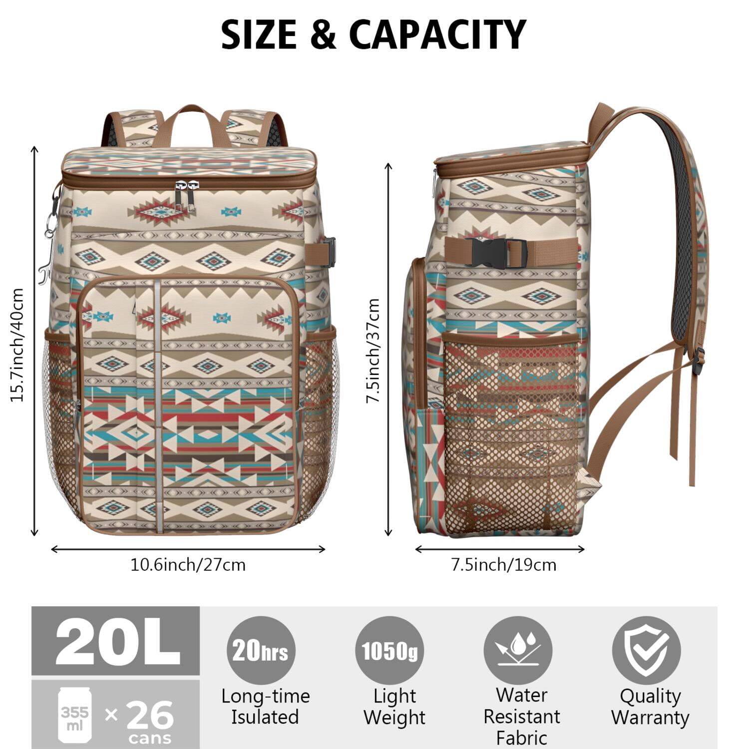Travel Cooler Bag - Boho Bohemia Pioneer Flower Geometric Line Art Camping Beer Cooler Backpack with Bottle Opener- Waterproof Insulated Picnic Backpacks - Cooler Bag for Beach
