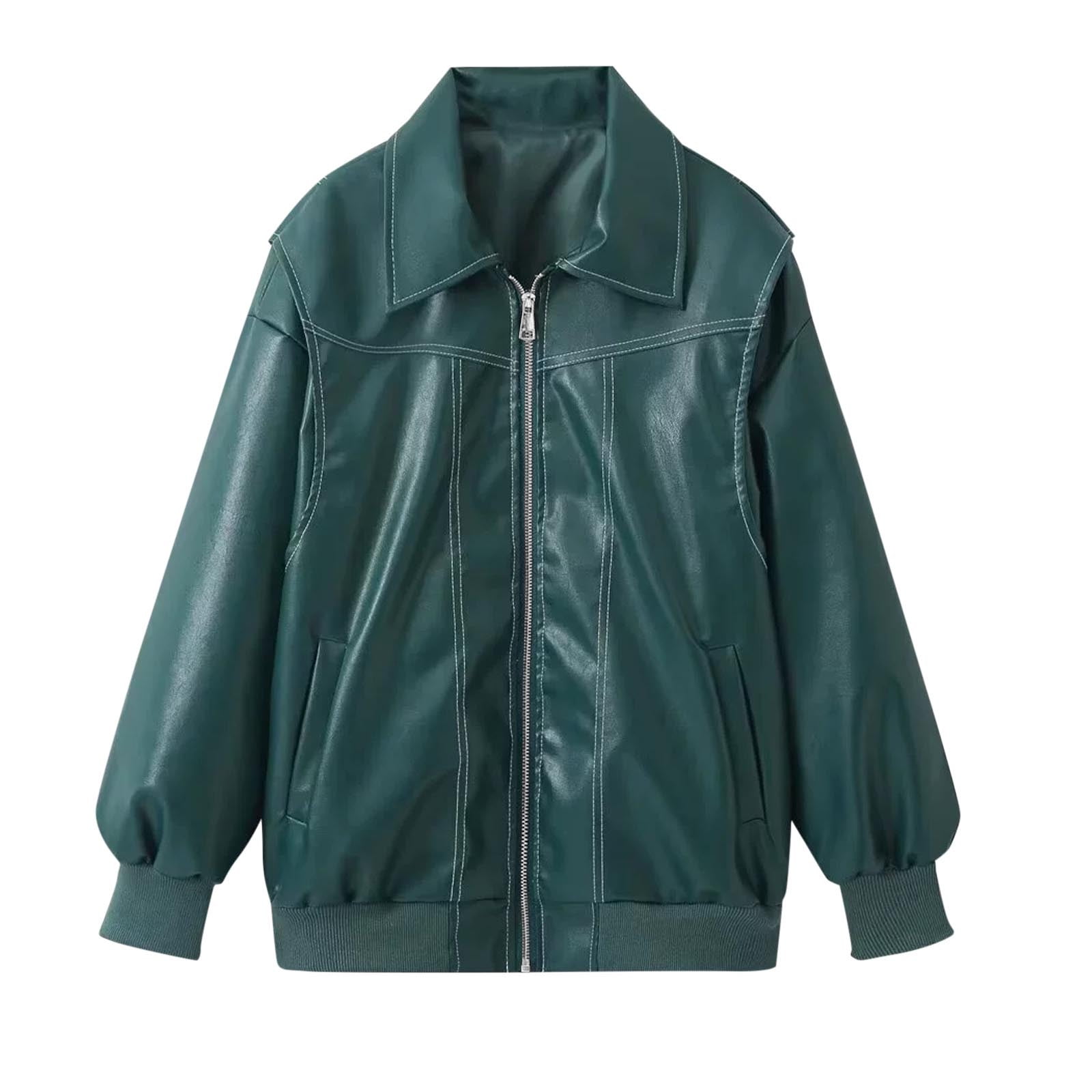 IROINNID Women's Faux Leather Jacket Long Sleeve Front Zip Pocket Biker Moto Jacket