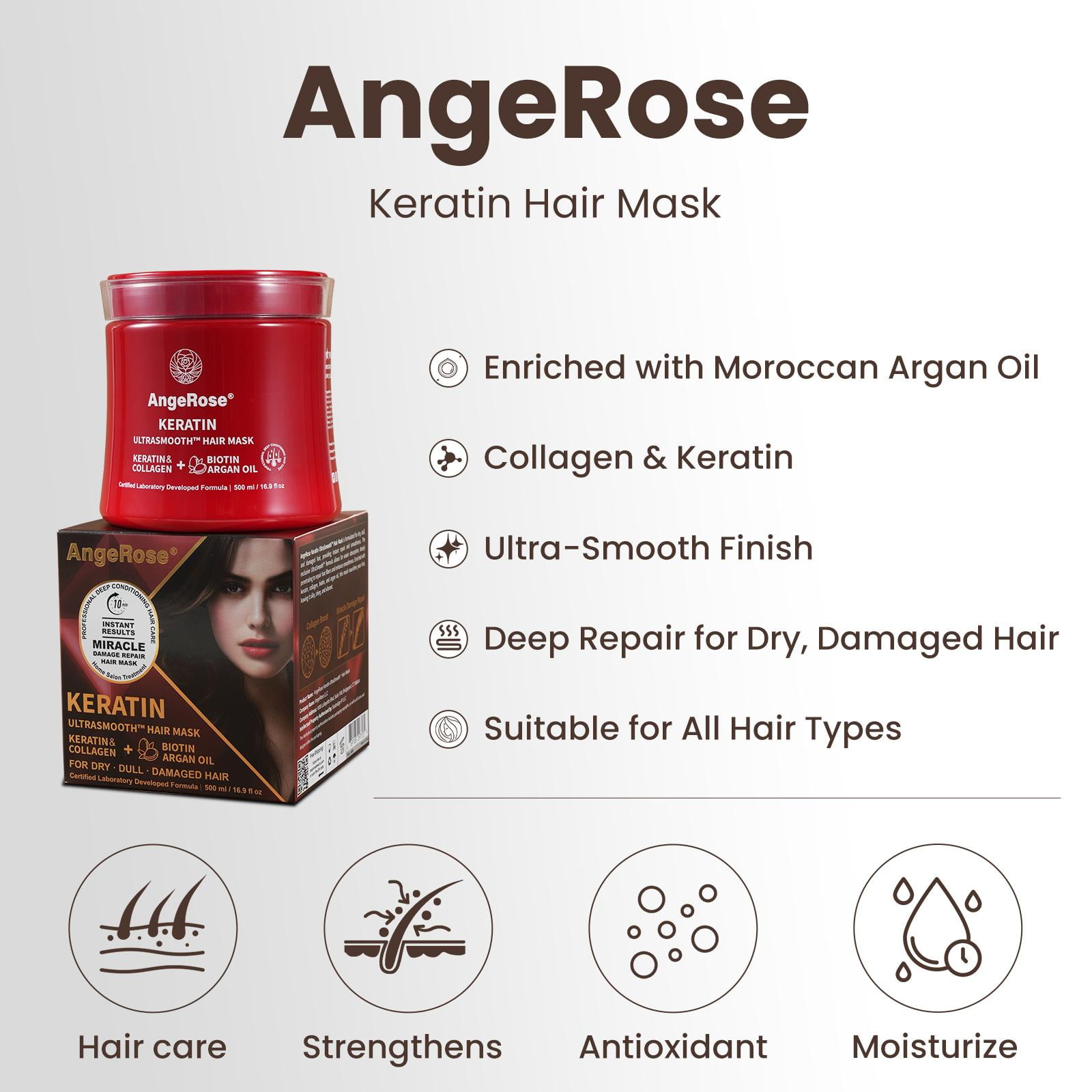 AngeRose Keratin & Collagen Hair Mask, Featuring AngeRose Signature Scent for Deep Repair，Hydration of Dry, Damaged Hair Moisturize, Moisturizing.
