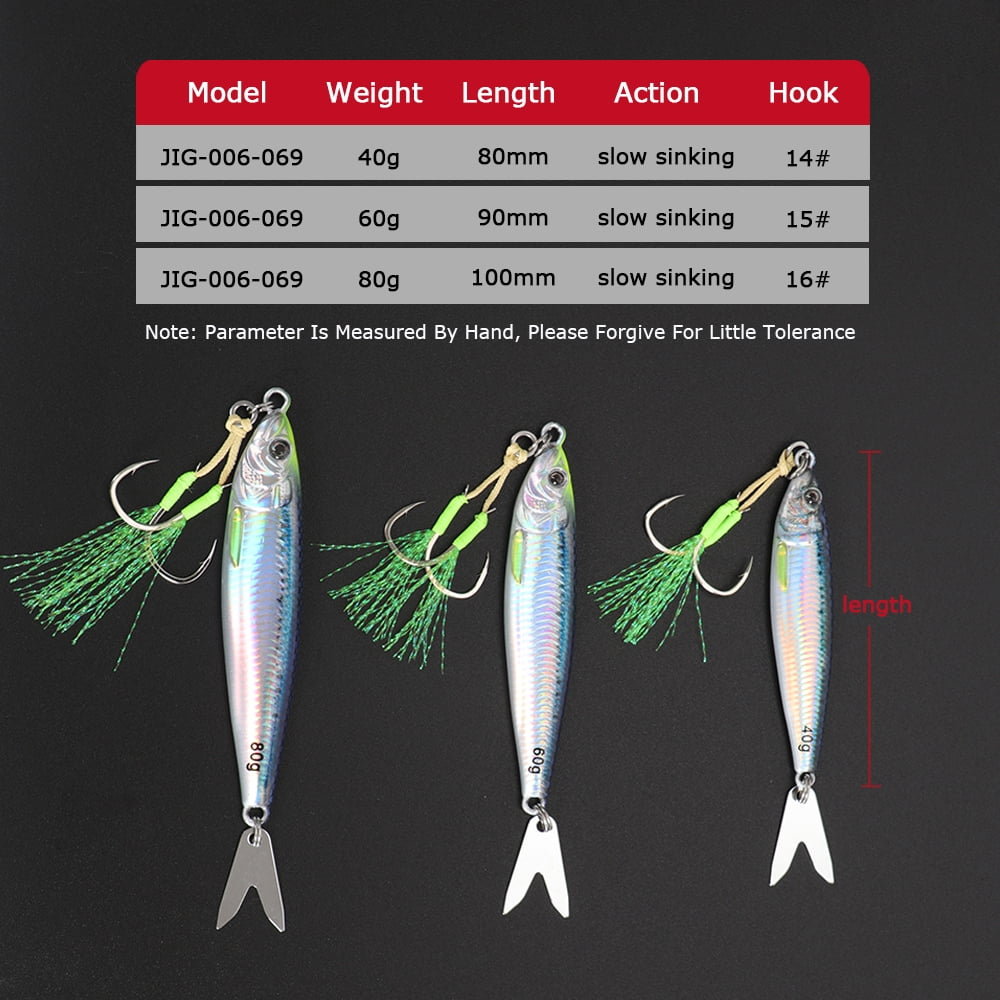 2PC Luminous Fishing Lures Jigs 40g/60g/80g Jigging Baits with Spoon and Hooks