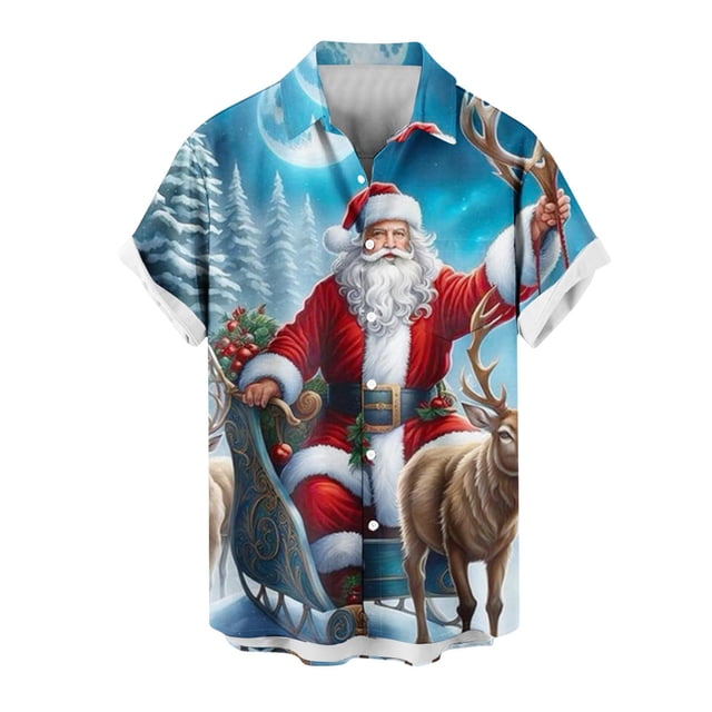 Mens Manga Corta Botón Abajo Camisas, Cuello de Vuelta Navidad Impresa Blusa, Top de Moda Casual