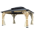 thumbnail image 4 of GARTOO 13 x 15 ft. Patio Cedar Wood Gazebo, Double Metal Roof Hardtop Wooden Gazebos with Curtains and Netting for Backyard, Deck, Lawns, 4 of 12