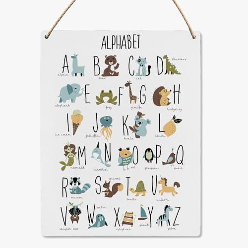 Novelty Baby Room Decor - Baby Animal Nursery Art Decor - Animal Alphabet Wood Hanging Sign - Baby Girl Boy Nursery Wall Decor Wooden Slogan Hanging Sign 8x12 Inch
