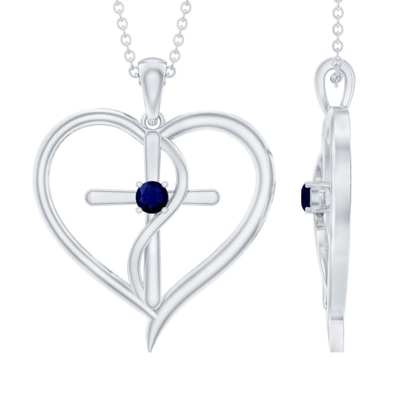 Rosec Jewels Natural Blue Sapphire Cross Heart Necklace for Women - AAA Quality - Ready to Gift for Christmas, 925 Sterling Silver