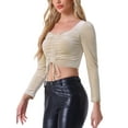 thumbnail image 4 of INSPIRE CHIC Women's Costum Velvet Square Neck Drawstring Puff Long Sleeve Crop Top S Apricot, 4 of 6