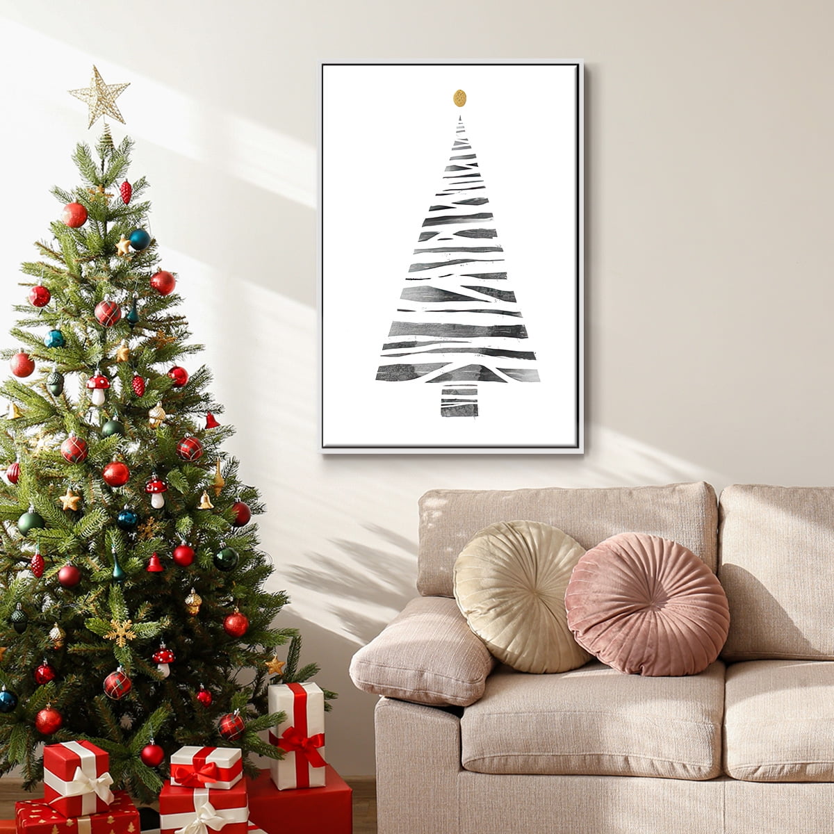 Christmas Tree I - Framed Gallery Wrapped Holiday Canvas - 27 x 41 - White Frame