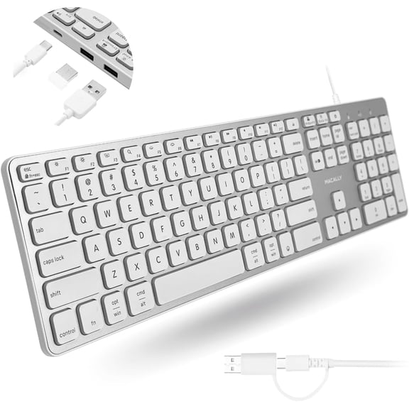Macally Wired Keyboard for Mac with USB Hub (2X USB-A / 1x USB-C) - Compatible Backlit Apple Keyboard with Dual Interface - Auto OS Detection for Mac, MacBook, iMac, PC, Android, iPad, iOS - Silver