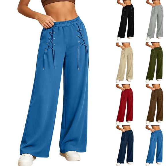 Women's Lace Up Criss Cross Detail Casual Sweatpants Elastic Drawstring Waist Wide Leg Jogger Pants with Pocket Fall Fashion Y2K Outfit Red