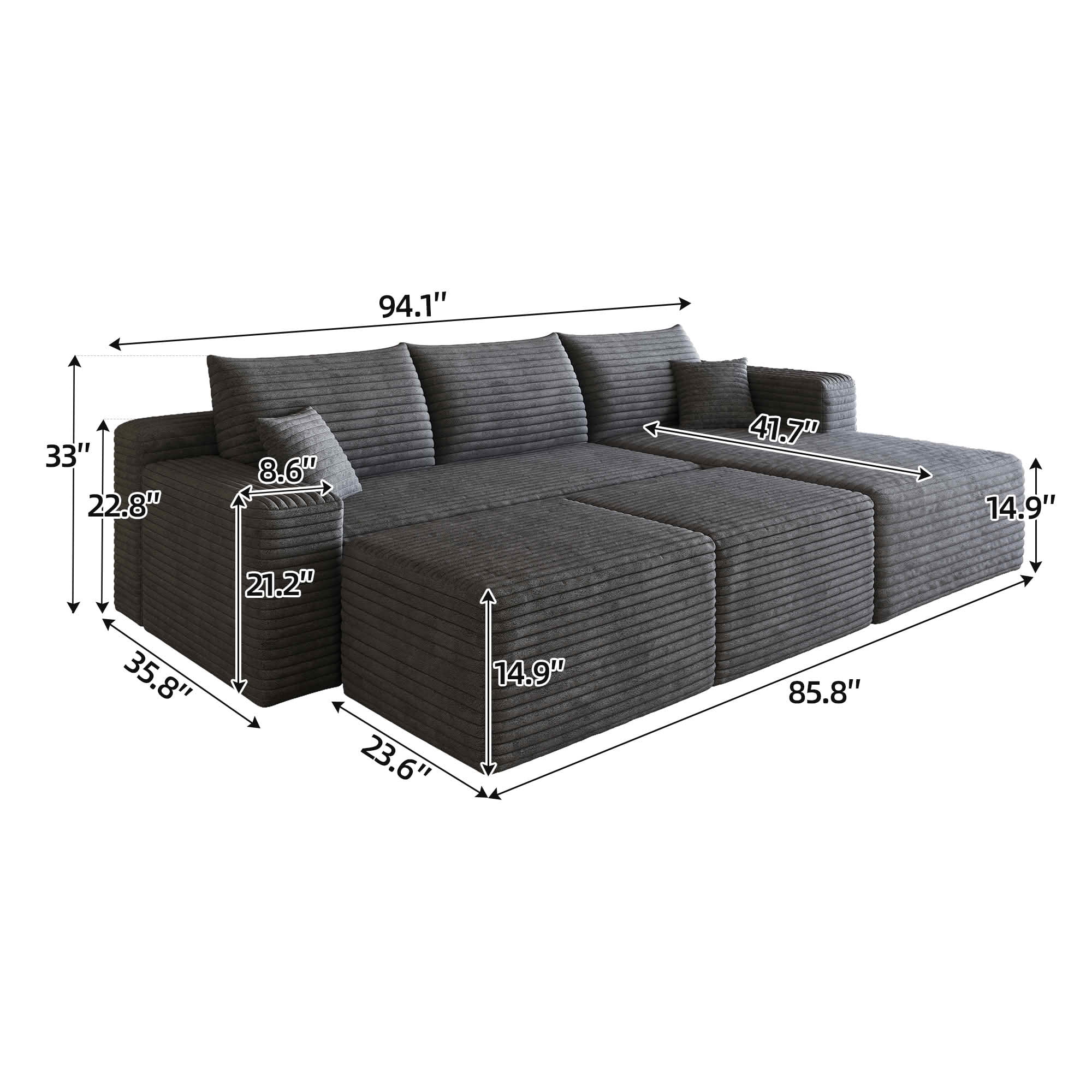 MAYEERTY 95 Inch U‑Shaped Cloud Sectional Sofa with 2 Ottomans, Modern Deep‑Seat Corner Couch, Plush Corduroy Reversible Sofa, No‑Assembly for Living Room Bedroom Apartment