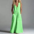 thumbnail image 6 of Makaor Linen Dresses for Women Plus Size A Line Button Maxi Dresses Sleeveless Gingham V Neck Beach Vacation Clothes with Pockets Green XL, 6 of 7
