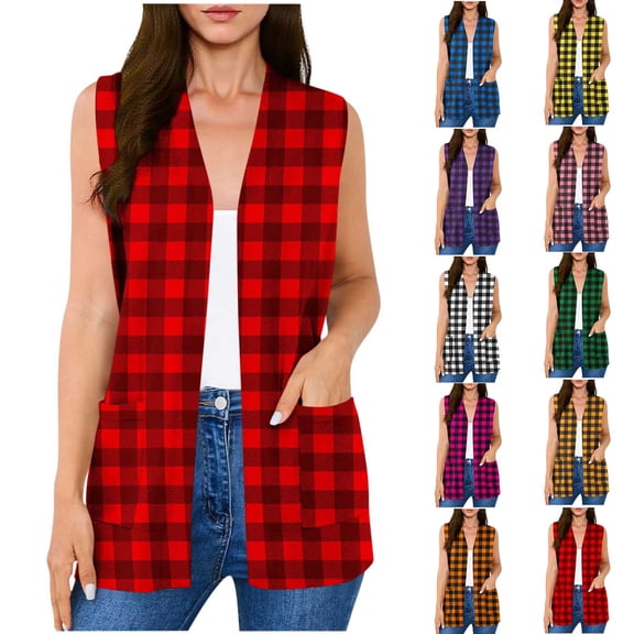 FRSASU Women's Sleeveless Vest Cardigan Buffalo Plaid Print Open Front Side Pockets Loose Fit Streetwear Waistcoat Yellow