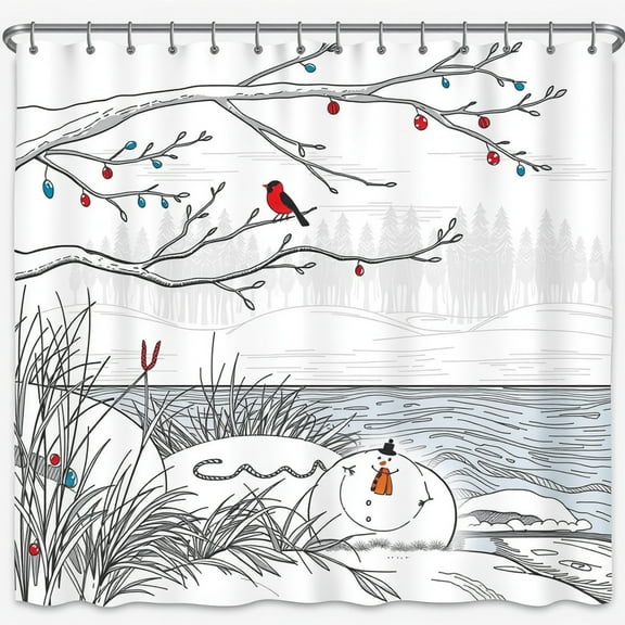Whimsical Winter Scene Shower Curtain with Snowman & Tree Design