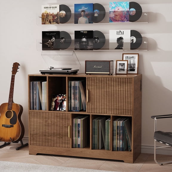 Record Player Stand Premium Vinyl Record Storage Cabinet, Turntable Stand with Adjustable Shelves - Holds 250  Albums, Mid-Century Modern Design for Living Room/Bedroom