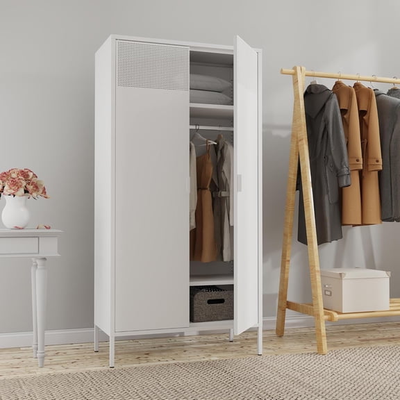 Elegant 71"H Metal Armoire Wardrobe Closet with Hanging Rod & Adjustable Shelves,Wardrobe Storage Cabinet with Drawer for Home,Bedroom,Office,White