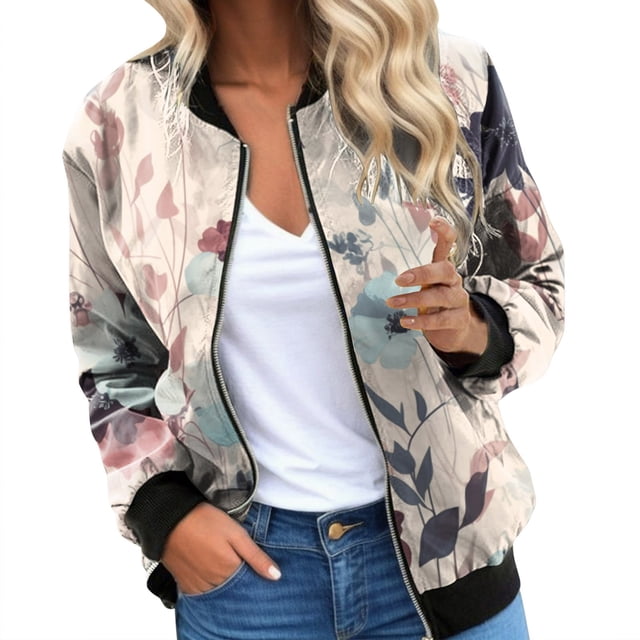 Vestes Décontractées pour Femmes Légères à Fermeture Éclair Veste Décontractée Imprimé Léopard&Floral Col Montant Court Sports
