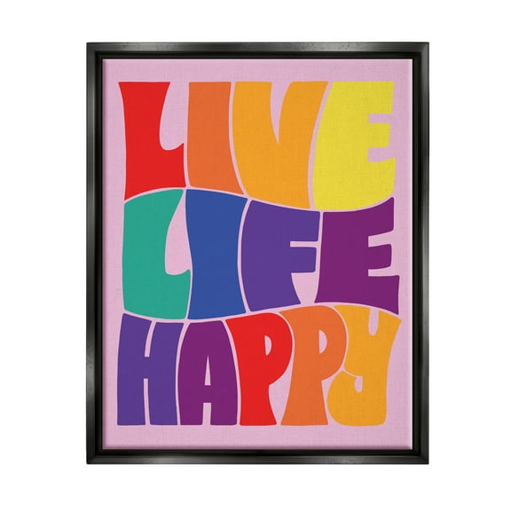 Stupell Industries Live Life Happy Rainbow Phrase Holiday Painting Black Floater Framed Art Print Wall Art