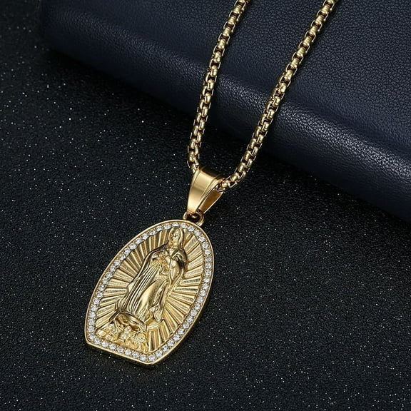 Virgin Mary Prayer 14K Yellow Gold Pendant Necklaces with rhinestone Women/Men Jewelry