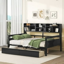 AENKYO Full Size Wooden Daybed Bed Frame with 2 Storage Drawers and Headboard Shelf, Solid Wood Sofa Bed, Black