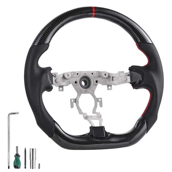 KFFKFF Steering Wheel for 2008-2020 Nissan 370Z, Carbon Fiber D-Shape Design with Flat Bottom, Leather Grip Featuring Non-Slip Texture and Detailed Stitching, Replacement Accessory for Nissan 370Z