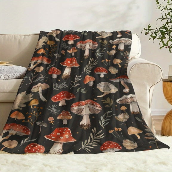 Cozy Retro Watercolor Mushroom & Forest Plants Throw Blanket Soft Warm Flannel for Naps Camping Travel and Home Decor Perfect Gift for Friends Family and Lovers