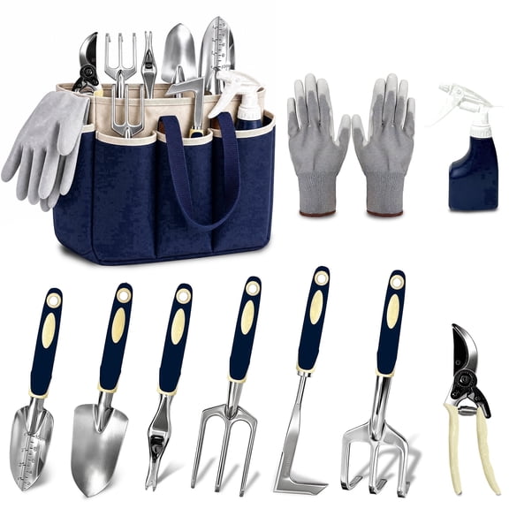 Garden Tool Set 10 Pieces with  Fashion & Durable Storage Bag Gloves Non-Slip Grip Heavy Duty Garden Hand Tools Kit Gifts for Men