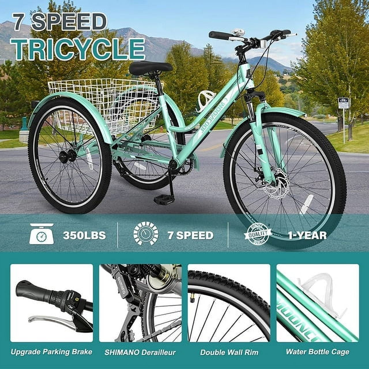 Lilypelle Adult Mountain Tricycle 24/26 Inch Low step through Mountain Bike Cruiser Trikes for Adults 7 Speed Three Wheel Trike Bicycle with Large Basket
