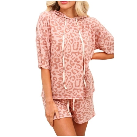 

JNGSA Women s Hooded Pajamas Sets Leopard Print Crewneck Short-sleeved Tops and Drawstring Sorts Two-piece Set Sleepwear Pink