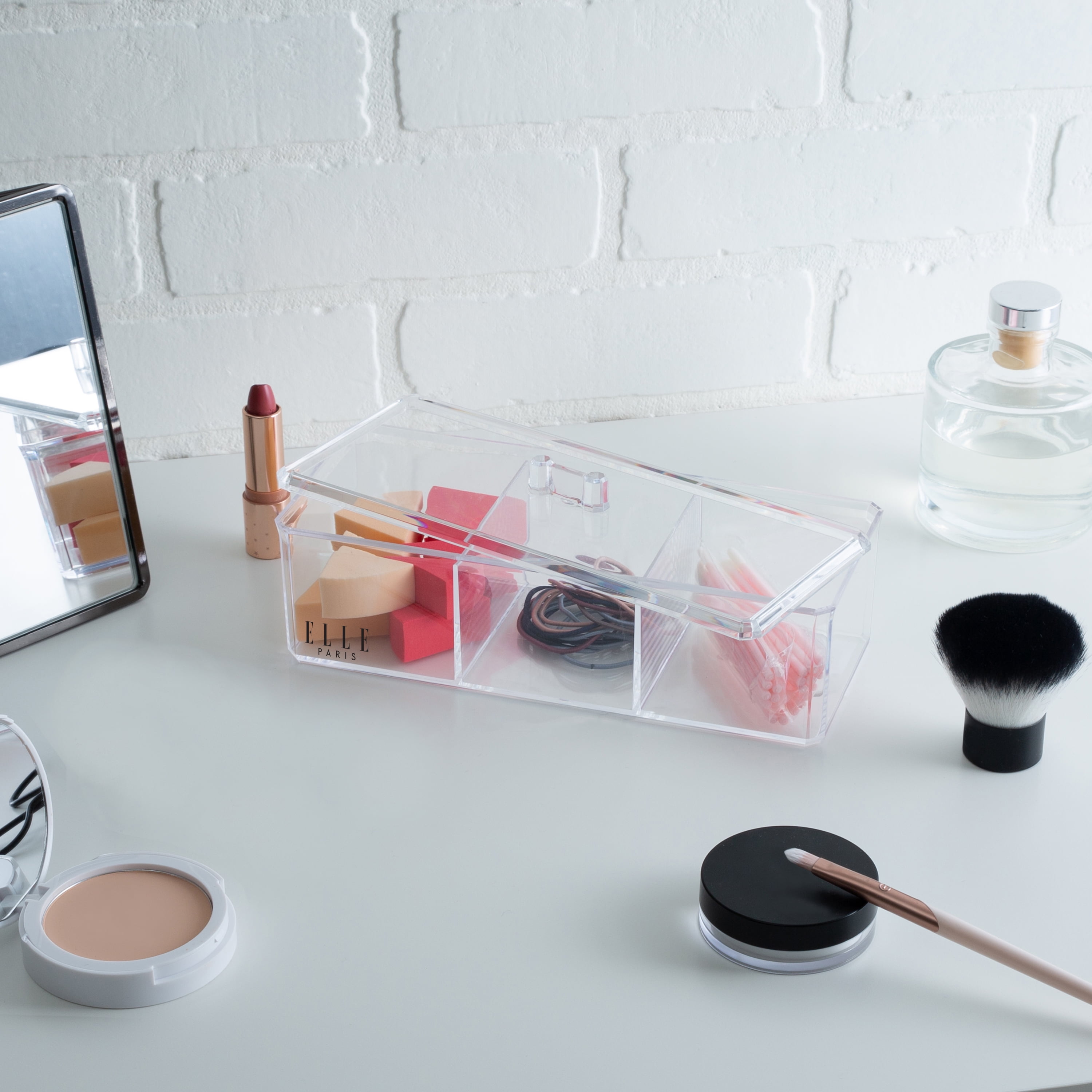 ELLE Paris 3 Compartment Lidded Beauty Essentials Organizer Set in Clear