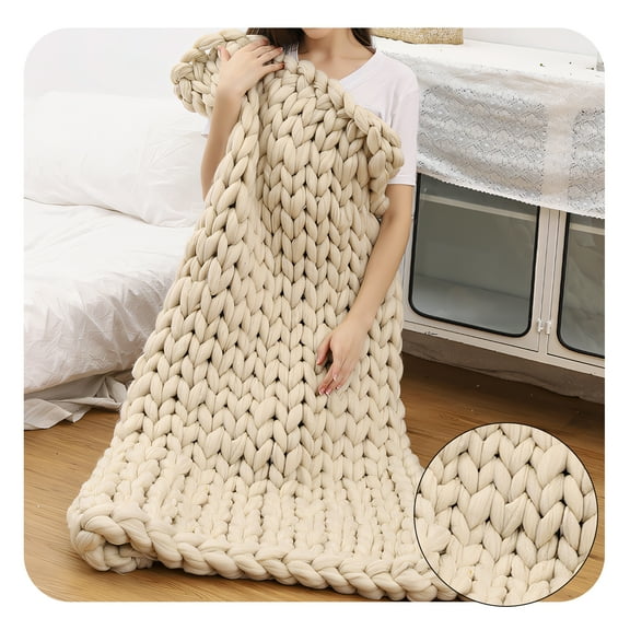 AUQ Weighted Blanket,Handcrafted Chunky Knit Throw Blanket for Couch,Elegant and Functional Heavy Blanket,Beige,31.5"×31.5"