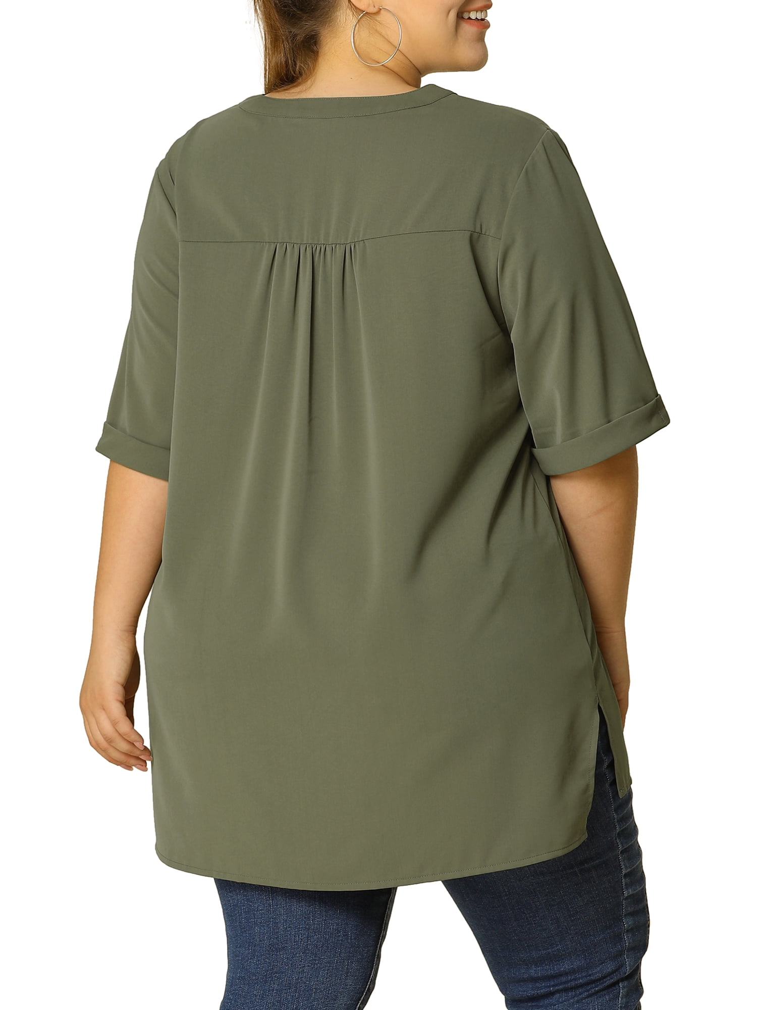 Unique Bargains Women's Plus Dip Hem Blouse V Neck Short Sleeve Tunic Top
