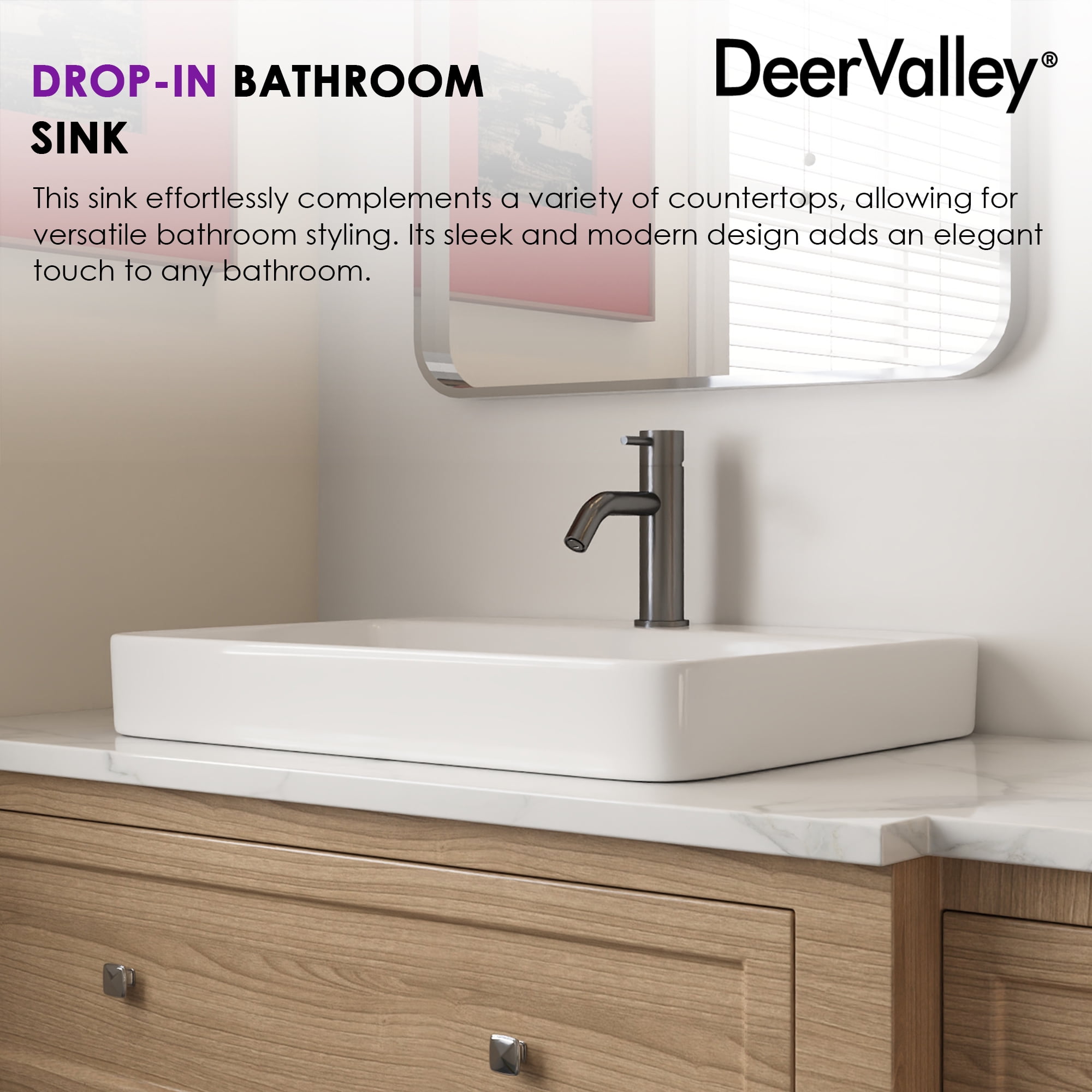 DeerValley 23.82" L x 18.9" W x 6.69" H White Rectangular Vitreous China Drop-in Bathroom Sink with Overflow DV-1DS0121