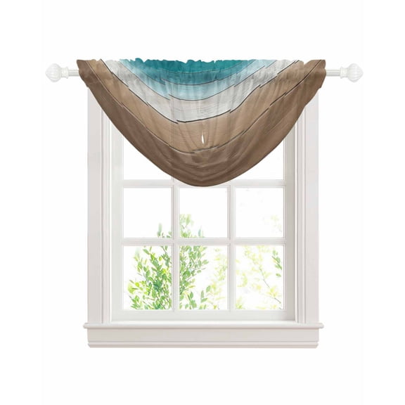 Teal Brown Sheer Waterfall Valance Curtains for Window, Rustic Vintage Abstract Ombre Wooden Plank Rod Pocket Sheer Topper Swag Curtains for Living Room, Kitchen 38.5"W x 47.2"L, 1 Panel