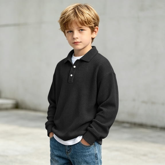 FSYBOA Boys Button Sweatshirtss Size 7-8T, Collared Fall Long Sleeve Casual Kids Pullover Tops Black