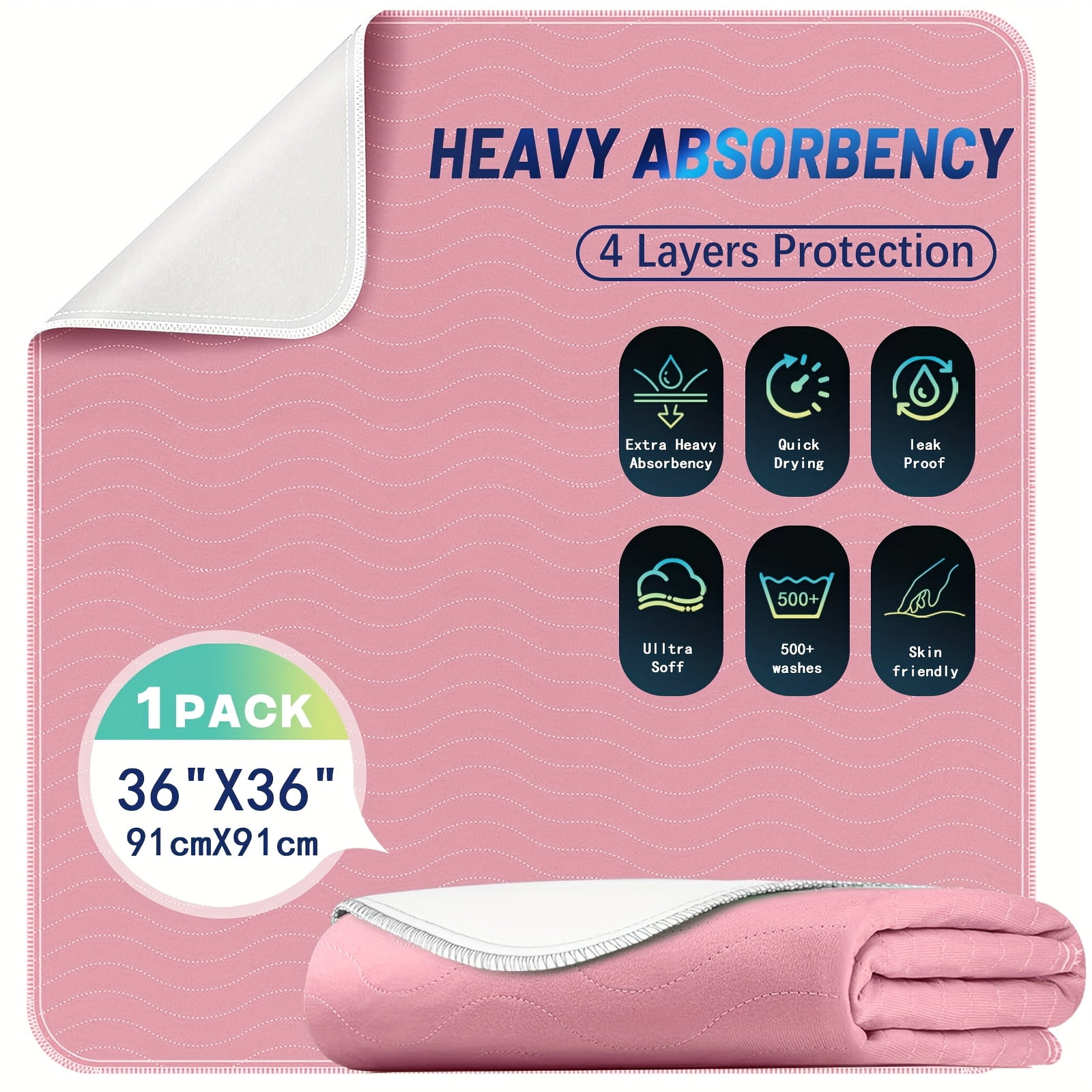 4pack/1pack 36” x 36” Extra Heavy Absorbency Washable Underpads, Waterproof Quick Drying Nursing Pads Incontinence Bed Pads, Reusable Washable Pee Pads for Dogs, Diaper Changing & Adults