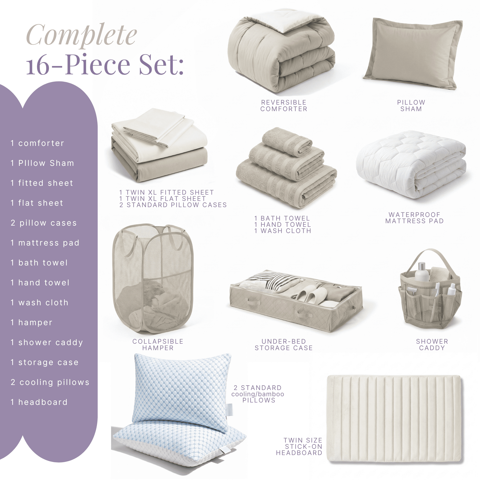 LammaLoe 16 Piece Complete Dorm Room Set, Twin XL Comforter Set, Includes Sheet Set, Mattress Protector, Pillows, Headboard, Towels & Organizers - All Dorm Accessories Included, Linen