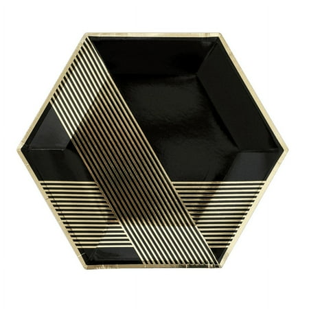 Harlow & Grey, Noir Black and Gold Foil Striped Large Paper Plates, Hexagon, 10.5", 8 Ct, Great for Birthdays, Weddings, and Baby Showers
