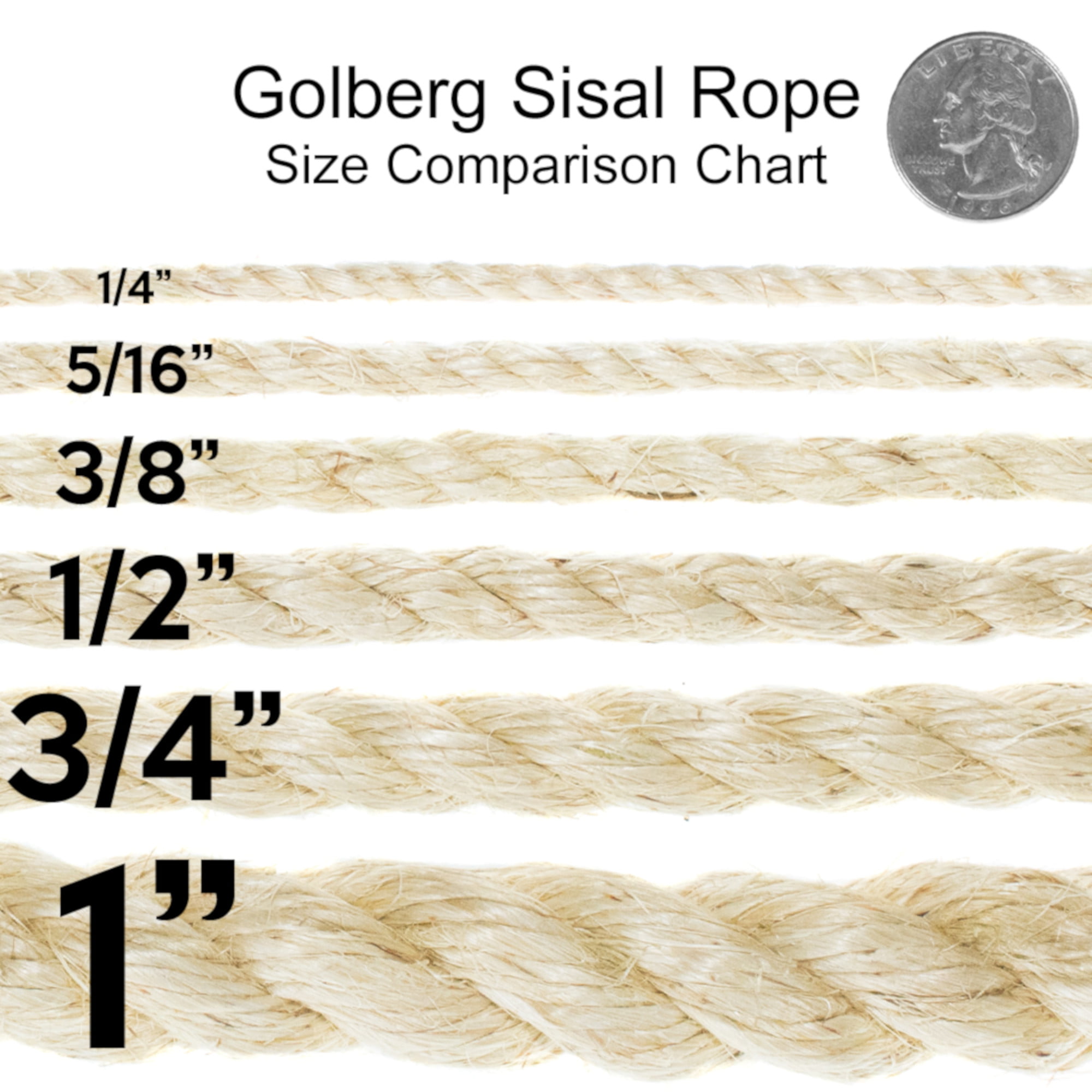 Golberg Twisted Sisal Rope Available in 1/4, 5/16, 3/8, 1/2, 3/4, and  1-inch Diameters in Various Lengths