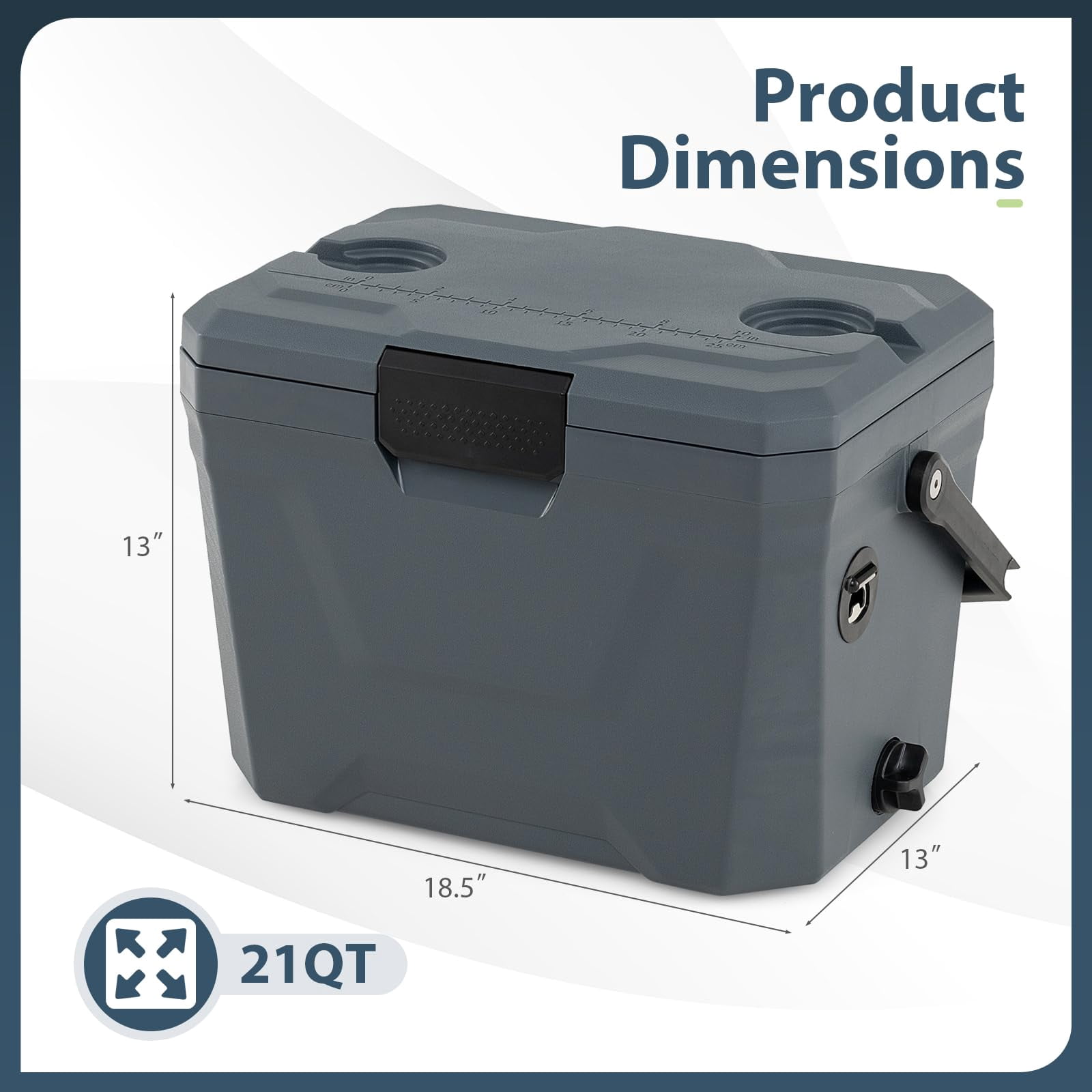 Hard Shell Ice Chest Cooler, 21 Quart Capacity, 3 Layer Insulation, 2 Cup Holders, Bottle Opener, Portable for Outdoor Camping, Fishing, Beach, Picnic, Gray