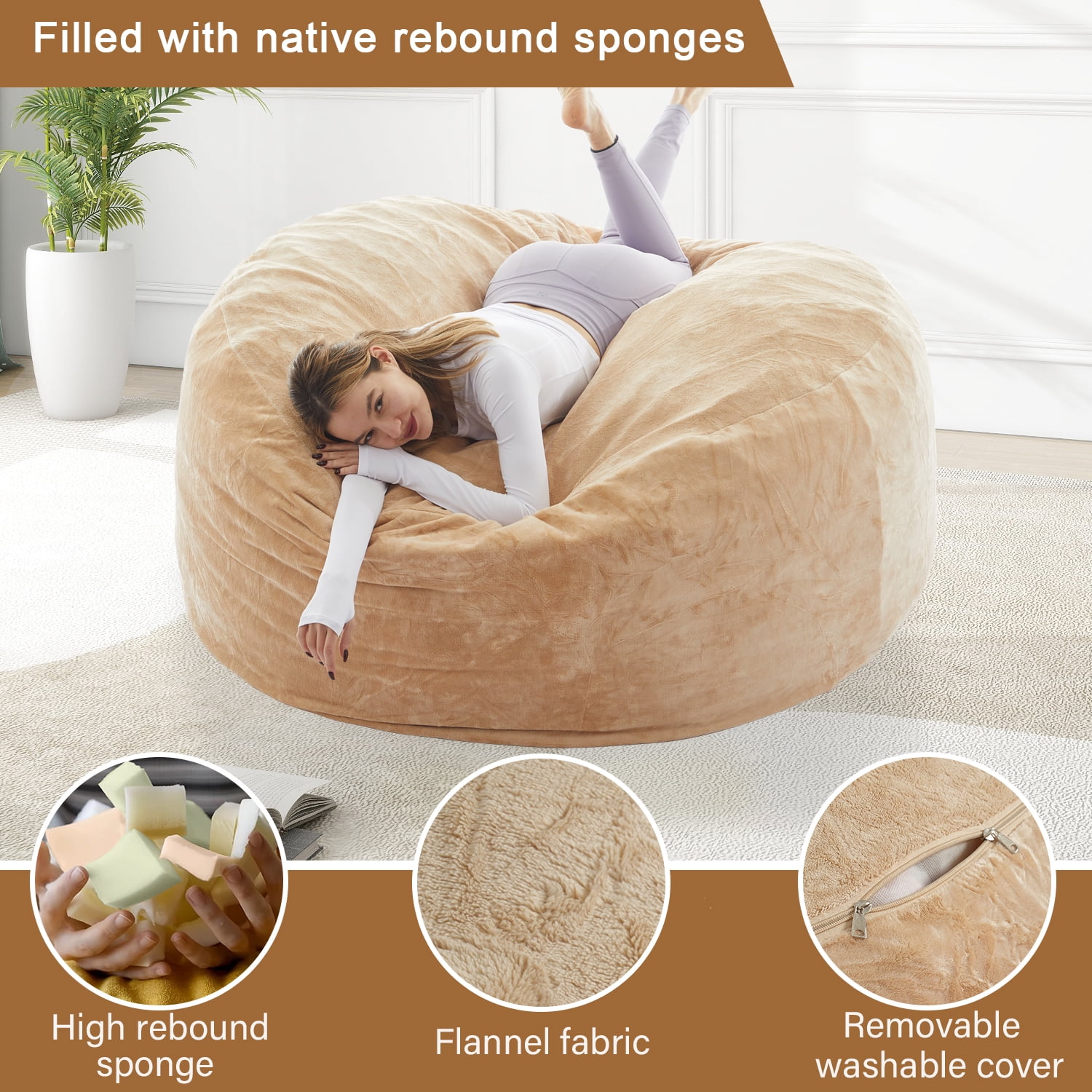 LaoGeoRon 3ft Indoor Bean Bag Chairs for Adults with Filling,Memory Foam Lazy Beanbag Sofa with Removable Washable Flannel Cover