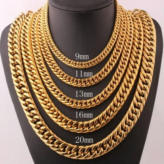 9-18MM Stainless Steel Gold Plated Cuban Curb Chain Necklace Mens Womens Jewelry