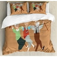 thumbnail image 1 of Retirement Party Queen Size Duvet Cover Set, Three Happy Seniors Dancing Sirtaki Zorba Dance Recreational Activity, Decorative 3 Piece Bedding Set with 2 Pillow Shams, Multicolor, by Ambesonne, 1 of 3