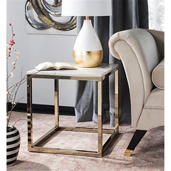SAFAVIEH Bethany Square Modern Glam End Table, White Marble/Brass
