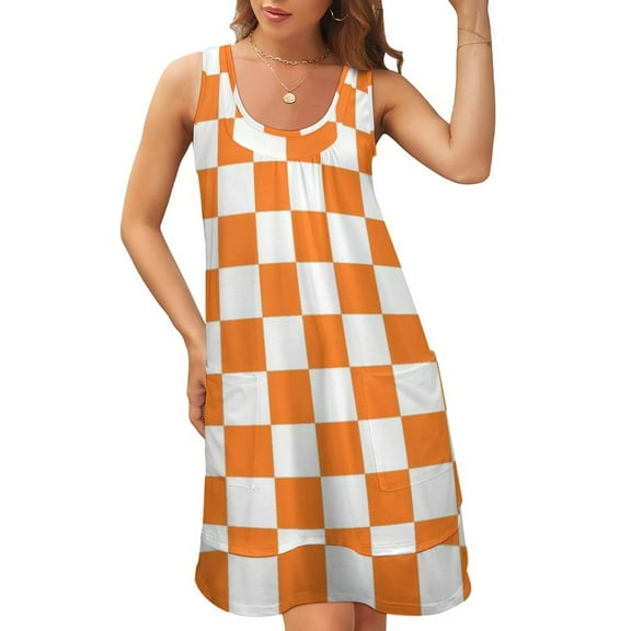 Checkered Orange and White Sleeveless U-Neck Fake Two Piece Dress cute dress Dance dresses summer dress woman 2024