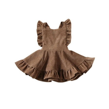 

Kuriozud Baby Girl Solid Color Square Neck Ruffle Fly Sleeve Corduroy Dress