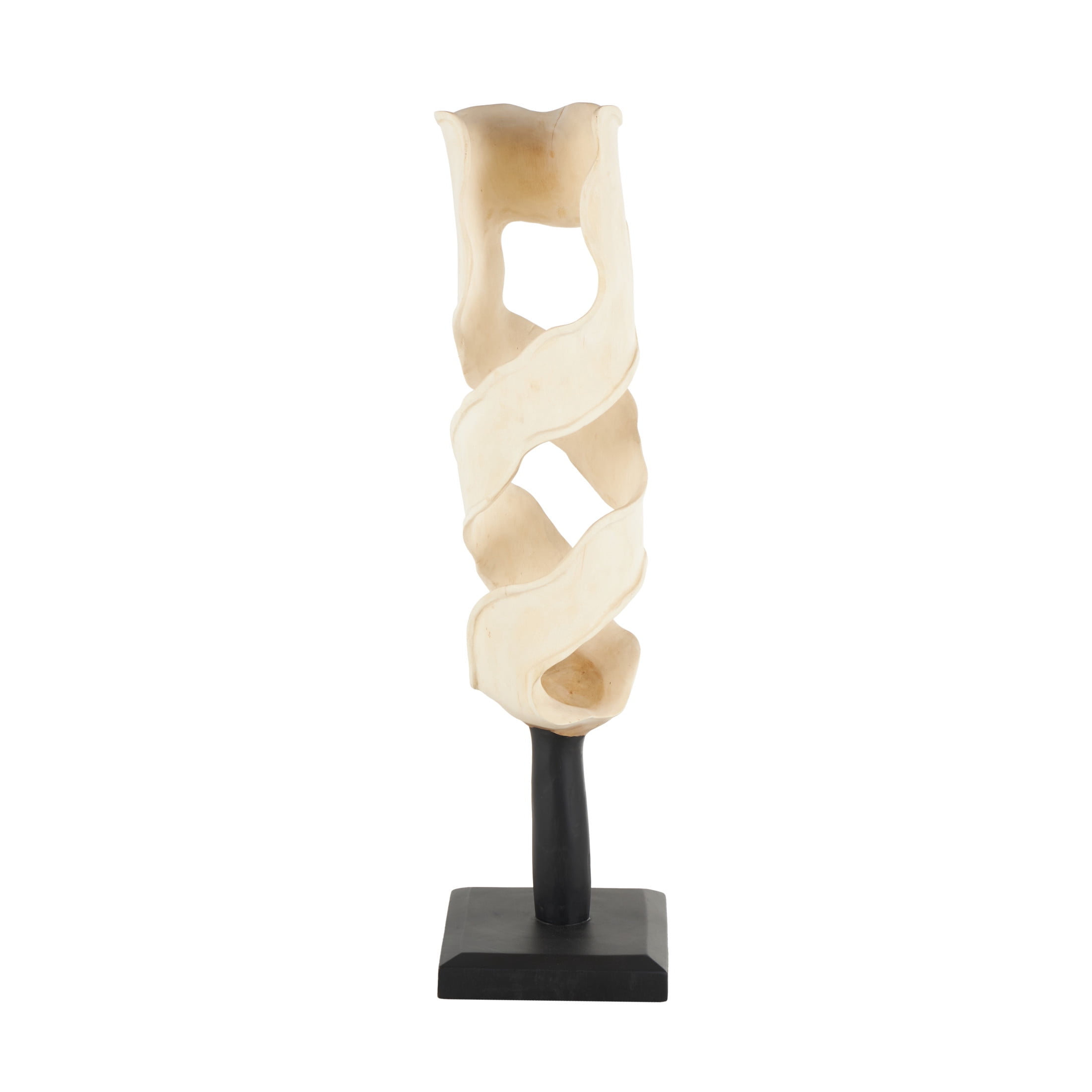 12" x 40" Cream Suar Wood Handmade Live Edge Intertwined Abstract Sculpture with Black Square Base, by DecMode