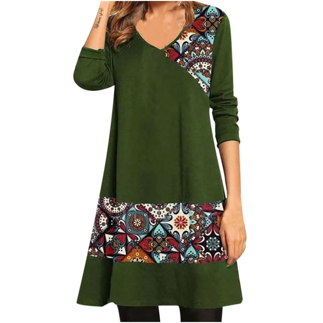 CEHVOM Women Autumn Casual Full Sleeve V-Neck Printed Splicing Dress